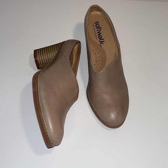 Vintage Nwot Softwalk tan leather 3” heel mules/ clogs - Picture 1 of 6